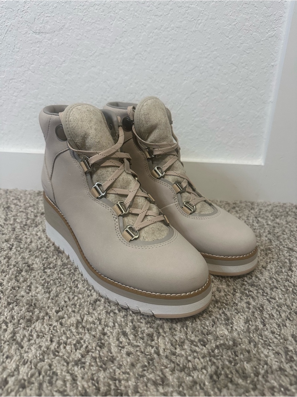 Cole Haan Beige Lace-Up Wedge Hiker Boots